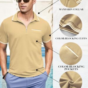 JMIERR Men's Zipper Polo Shirts Classic Lightweight Knit Striped Polos Shirt Casual Short Sleeve Golf Shirt for Men,US 43(L),Khaki