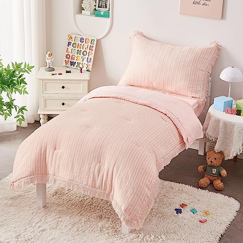 SUCHDECO Light Coral Toddler Bedding Set for Girls Pink Comforter Sets with Jacquard Stripes, Tassel Fringe 4 Pieces - Comforter, Fitted Sheet, Flat Sheet, Pillowcase