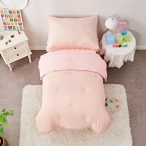 SUCHDECO Light Coral Toddler Bedding Set for Girls Pink Comforter Sets with Jacquard Stripes, Tassel Fringe 4 Pieces - Comforter, Fitted Sheet, Flat Sheet, Pillowcase