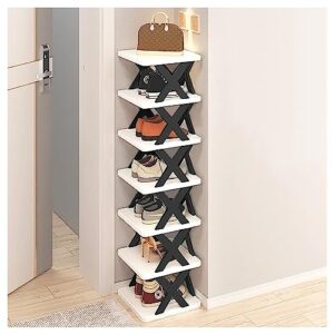 7 tiers small shoe rack,narrow vertical free standing shoe tower,space saving furniture shoe storage organizer for corner,entryway,door,hallway,closet,bedroom,stable in structure and stackable,black