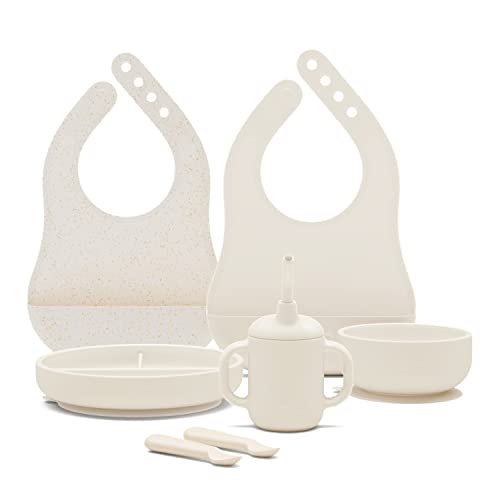 Lalo First Bites Silicone Baby Feeding Set - Baby Led Weaning Supplies - Non-Toxic Silicone - Includes 2 Bibs, 2 Spoons, Training Cup, Suction Plate and Bowl - 6 Pieces - Oatmeal