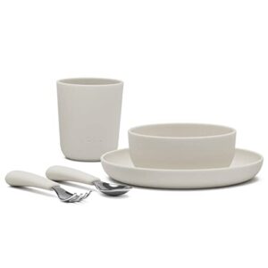 lalo big bites kids dinnerware starter set - dishwasher safe, bpa free, kids tableware set - includes stackable bowl, plate, utensils & cup - 5 pieces - oatmeal