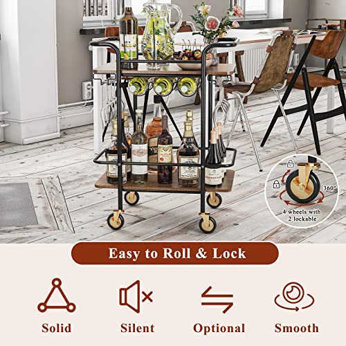 Wisdom Star 2 Tier Bar Cart with Wheels, Serving Cart with Wheels and 2 Handle, Outdoor Bar Cart for The Home with Wine Rack and Glass Holder, Kitchen Serving Cart for Home, Dining Room, Party, Black