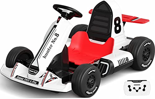 GLAF Electric Go Kart for Kids and Adult 3+ Years Old 12V Battery Power Wheels Pedal Electric Vehicle Ride on Car Toys for Boys Girls with Remote Control LED Lights USB and Bluetooth Audio (White)