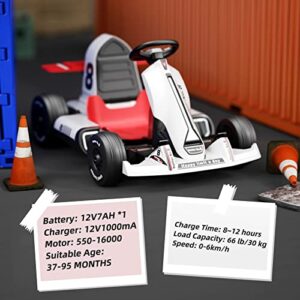 GLAF Electric Go Kart for Kids and Adult 3+ Years Old 12V Battery Power Wheels Pedal Electric Vehicle Ride on Car Toys for Boys Girls with Remote Control LED Lights USB and Bluetooth Audio (White)
