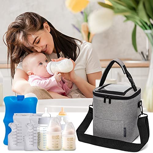 Breast Milk Cooler Bag with Ice Pack Reusable Storage Bags, Fit 4 Baby Bottles, Insulated Baby Bottle Cooler Bag Suitable for Nursing Mom Daycare, Waterproof with Zipper Pocket, Grey