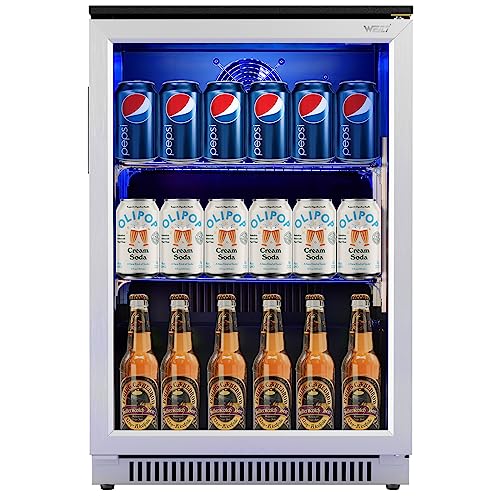 WEILI 20 Inch Beverage Fridge with Glass Door, 120 Can Mini Fridge with Blue LED Light for Soda Beer Wine, 36-50°F Under Counter Refrigerator and Cooler for Home Office Dorm or Bar, Auto Defrost