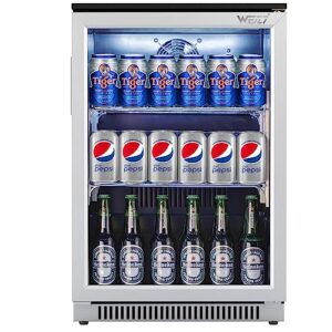 WEILI 20 Inch Beverage Fridge with Glass Door, 120 Can Mini Fridge with Blue LED Light for Soda Beer Wine, 36-50°F Under Counter Refrigerator and Cooler for Home Office Dorm or Bar, Auto Defrost