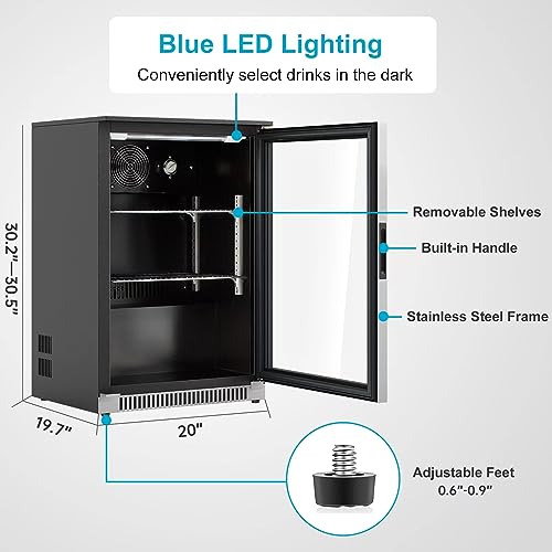 WEILI 20 Inch Beverage Fridge with Glass Door, 120 Can Mini Fridge with Blue LED Light for Soda Beer Wine, 36-50°F Under Counter Refrigerator and Cooler for Home Office Dorm or Bar, Auto Defrost