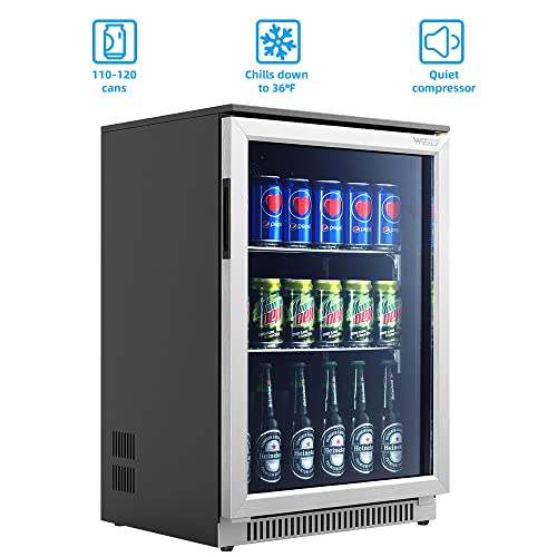 WEILI 20 Inch Beverage Fridge with Glass Door, 120 Can Mini Fridge with Blue LED Light for Soda Beer Wine, 36-50°F Under Counter Refrigerator and Cooler for Home Office Dorm or Bar, Auto Defrost