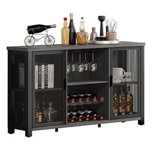 yitahome industrial sideboard buffet cabinet w/wine rack, glass cups holder, rustic wine cabinet bar cabinet mesh door for liquor and glasses, liquor cabinet bar for home (55 inch, dark oak)