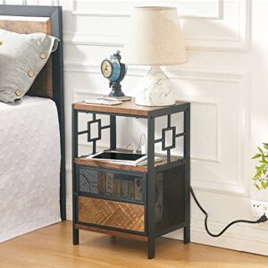 MNEETRUNG End Table with Charging Station, Industrial Side Table with USB Ports and Outlets, Bedside Tables with Door, 3-Tier Nightstand for Small Spaces, Sturdy, for Living Room, Bedroom, Brown