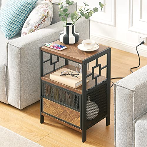 MNEETRUNG End Table with Charging Station, Industrial Side Table with USB Ports and Outlets, Bedside Tables with Door, 3-Tier Nightstand for Small Spaces, Sturdy, for Living Room, Bedroom, Brown