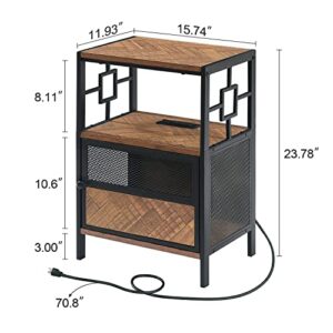 MNEETRUNG End Table with Charging Station, Industrial Side Table with USB Ports and Outlets, Bedside Tables with Door, 3-Tier Nightstand for Small Spaces, Sturdy, for Living Room, Bedroom, Brown