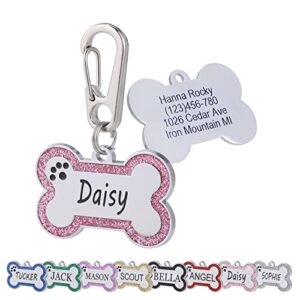 aimeng personalized stainless steel pet id tags with glittery bone design - deep engraved dog tags engraved for pets customized with 5 lines dogs and cats pets gift (large, pink)