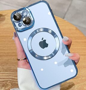 jueshituo magnetic metallic glossy clear for iphone 14 plus case with full camera cover protection [no.1 strong n52 magnets] [military grade drop protection] for women girls phone case (6.7")-blue