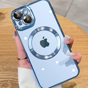 JUESHITUO Magnetic Metallic Glossy Clear for iPhone 14 Plus Case with Full Camera Cover Protection [No.1 Strong N52 Magnets] [Military Grade Drop Protection] for Women Girls Phone Case (6.7")-Blue