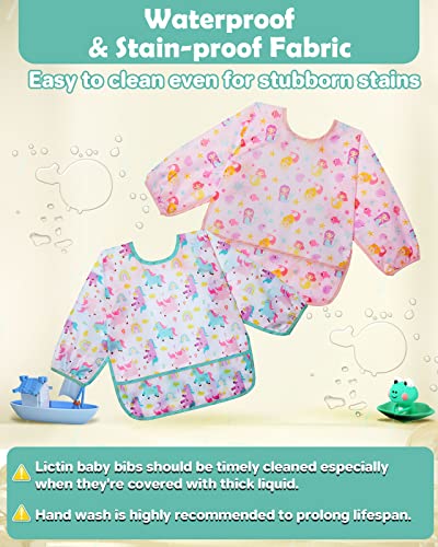 Lictin 3 Pack Baby Bibs for Boy or Girl, Cute Long Sleeve Bib, Waterproof Bibs for Toddlers,Adjustable Closure Baby Smock, Mess Proof Baby Bib, 6-24 Months Reusable Infant Baby Bibs