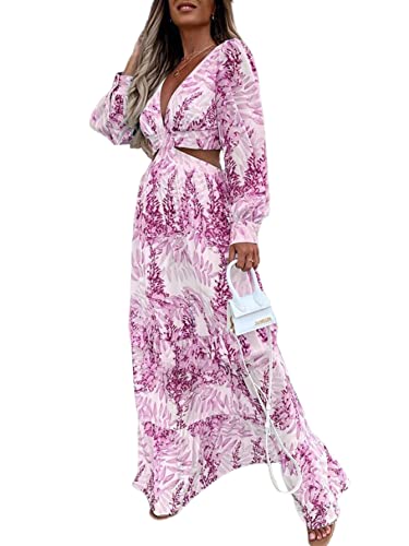 LYANER Women's Print Deep V Neck Puff Long Sleeve Cut Out Side Flowy Long Dress Pink Medium