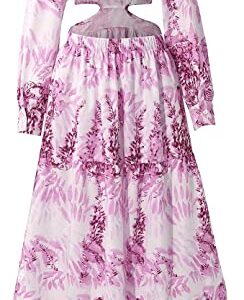 LYANER Women's Print Deep V Neck Puff Long Sleeve Cut Out Side Flowy Long Dress Pink Medium