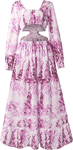 LYANER Women's Print Deep V Neck Puff Long Sleeve Cut Out Side Flowy Long Dress Pink Medium