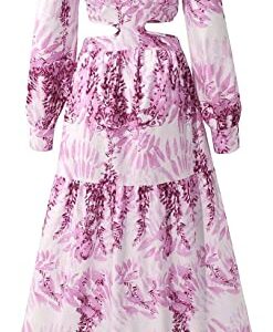 LYANER Women's Print Deep V Neck Puff Long Sleeve Cut Out Side Flowy Long Dress Pink Medium