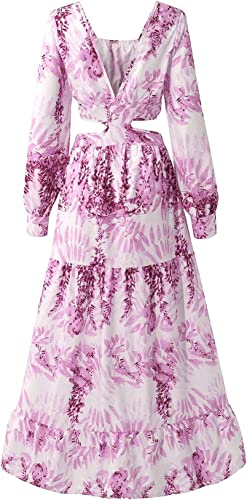 LYANER Women's Print Deep V Neck Puff Long Sleeve Cut Out Side Flowy Long Dress Pink Medium