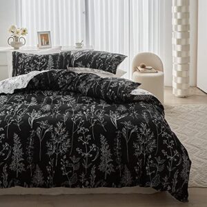 floral queen duvet cover, microfiber 3 pieces floral bedding queen set, 1 duvet cover +2 pillowcases, black and white floral duvet cover queen, with zipper closure, durable, easy care (no comforter)