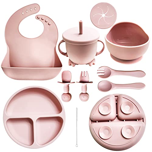 HippoBaby Silicone Baby Feeding Set | 10 Piece Baby Led Weaning Supplies | Toddler Plates Bowls Set with suction | Self Feeding Spoons | Plates for Baby Utensils | Toddler Feeding Supplies