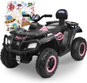 joywhale 12v 2 seater kids ride on atv car battery powered electric quad for kids ages 3-8, with diy sticker, 7ah battery, metal suspension, bright headlights, music, fm, rear pedal & backrest, pink