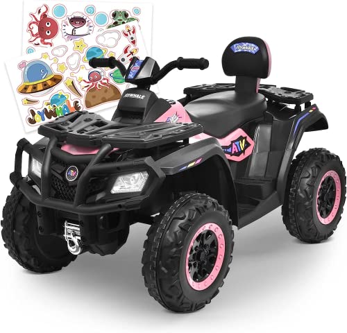 Joywhale 12V 2 Seater Kids Ride on ATV Car Battery Powered Electric Quad for Kids Ages 3-8, with DIY Sticker, 7AH Battery, Metal Suspension, Bright Headlights, Music, FM, Rear Pedal & Backrest, Pink