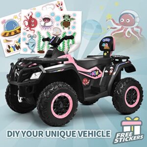 Joywhale 12V 2 Seater Kids Ride on ATV Car Battery Powered Electric Quad for Kids Ages 3-8, with DIY Sticker, 7AH Battery, Metal Suspension, Bright Headlights, Music, FM, Rear Pedal & Backrest, Pink