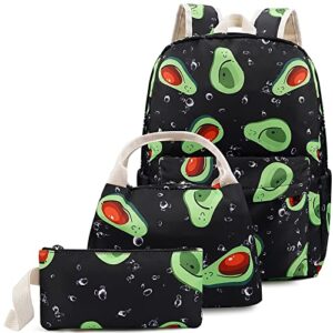 malaxlx avocado print school backpack set for teen girls boys, bookbags with lunch box pencil case