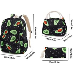 Malaxlx Avocado Print School Backpack Set for Teen Girls Boys, Bookbags with Lunch Box Pencil Case