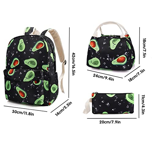 Malaxlx Avocado Print School Backpack Set for Teen Girls Boys, Bookbags with Lunch Box Pencil Case