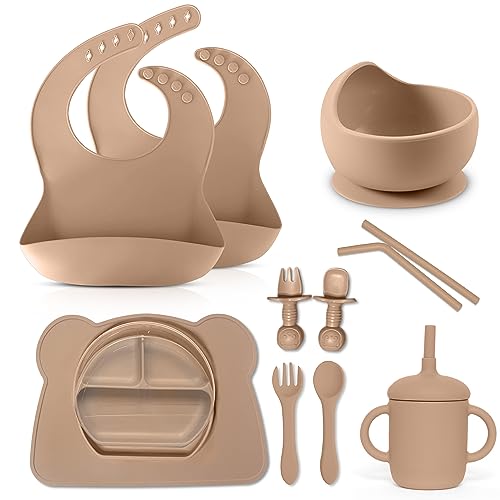 ARINASS 14 PCS Baby Feeding Set – Baby Led Weaning Supplies All–in–One Kit – Includes 2 Silicone Bibs, 2 Baby Spoons, 2 Forks, 1 Suction Plate with Lid, 1 Bowl, 2 Straws, 1 Sippy Cup (Beige)