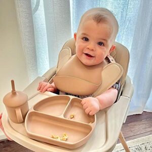 ARINASS 14 PCS Baby Feeding Set – Baby Led Weaning Supplies All–in–One Kit – Includes 2 Silicone Bibs, 2 Baby Spoons, 2 Forks, 1 Suction Plate with Lid, 1 Bowl, 2 Straws, 1 Sippy Cup (Beige)