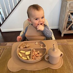 ARINASS 14 PCS Baby Feeding Set – Baby Led Weaning Supplies All–in–One Kit – Includes 2 Silicone Bibs, 2 Baby Spoons, 2 Forks, 1 Suction Plate with Lid, 1 Bowl, 2 Straws, 1 Sippy Cup (Beige)