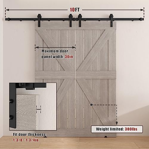 Dondelight 10FT Sliding Barn Door Hardware Track Kit for Double Door, Heavy Duty Modular Sliding Door Track Hardware Set for Interior & Exterior Door