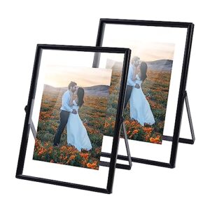 black metal floating picture frame set of 2, frame size 5x7inch for multiple photo sizes (4x6, 3x5, 2x3), real glass, easel tabletop photo frame, classic photo gifts choice for thanksgiving, christmas