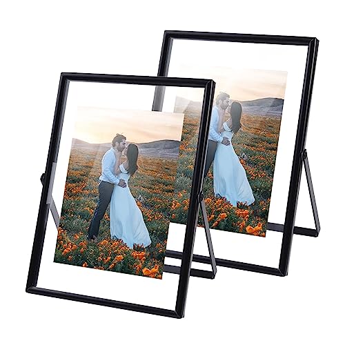 Black Metal Floating Picture Frame Set of 2, Frame Size 5x7inch for Multiple Photo Sizes (4x6, 3x5, 2x3), Real Glass, Easel Tabletop Photo Frame, Classic Photo Gifts Choice for Thanksgiving, Christmas