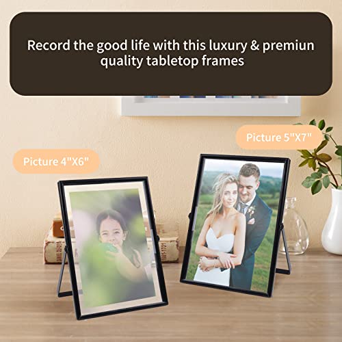 Black Metal Floating Picture Frame Set of 2, Frame Size 5x7inch for Multiple Photo Sizes (4x6, 3x5, 2x3), Real Glass, Easel Tabletop Photo Frame, Classic Photo Gifts Choice for Thanksgiving, Christmas