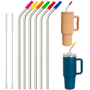 wobye 6 pack 13 inch extra long reusable bent stainless steel metal straws with cleaning brush & silicone tips fit for stanley quencher 40oz tumbler, simple modern 32 40oz tumbler, 64oz water bottle