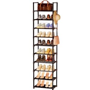 antigo 10 tier tall shoe rack for closet, narrow shoe rack for entryway, 20-24 pairs vertical shoe organizer storage space saving,metal stackable shoe stand shelf shoe tower with hook pp gaskets