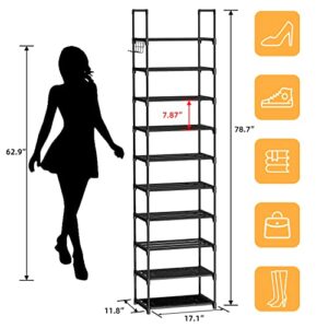 Antigo 10 Tier Tall Shoe Rack for Closet, Narrow Shoe Rack for Entryway, 20-24 Pairs Vertical Shoe Organizer Storage Space Saving,Metal Stackable Shoe Stand Shelf Shoe Tower with Hook Pp Gaskets