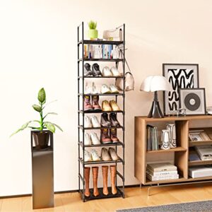 Antigo 10 Tier Tall Shoe Rack for Closet, Narrow Shoe Rack for Entryway, 20-24 Pairs Vertical Shoe Organizer Storage Space Saving,Metal Stackable Shoe Stand Shelf Shoe Tower with Hook Pp Gaskets