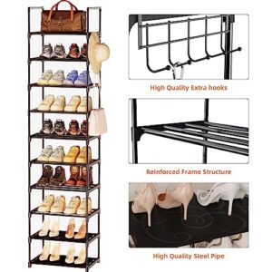 Antigo 10 Tier Tall Shoe Rack for Closet, Narrow Shoe Rack for Entryway, 20-24 Pairs Vertical Shoe Organizer Storage Space Saving,Metal Stackable Shoe Stand Shelf Shoe Tower with Hook Pp Gaskets