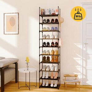 Antigo 10 Tier Tall Shoe Rack for Closet, Narrow Shoe Rack for Entryway, 20-24 Pairs Vertical Shoe Organizer Storage Space Saving,Metal Stackable Shoe Stand Shelf Shoe Tower with Hook Pp Gaskets