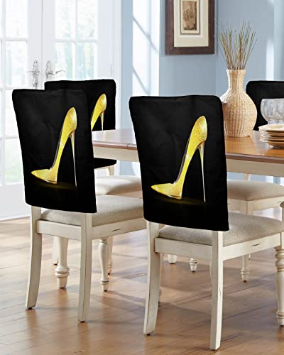 4 Pcs Dining Chair Slipcovers Golden Sexy High-Heeled Shoe,Removable Chair Back Covers Women Shining Heels on Dark Black Chair Protector for Home Kitchen Dining Room Holiday Party Decor