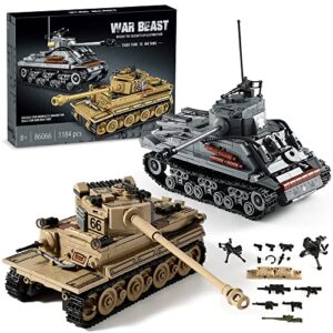 ww2 army tank toys building kit, create a german tiger tank and an american m4 sherman tank model, include 1184 blocks, great military toy gift for boys, kids, and teens age 8-14